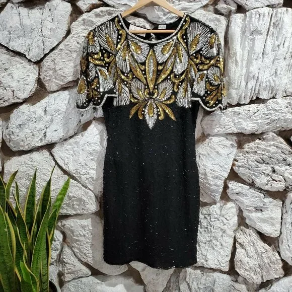 Laurence Kazar Dresses | Vintage 80s Sequin Beads Pearl Silk Embroidery Keyhole Formal Party Dress PS | Color: Black/Gold | Size: PS | Pm-76141140'S